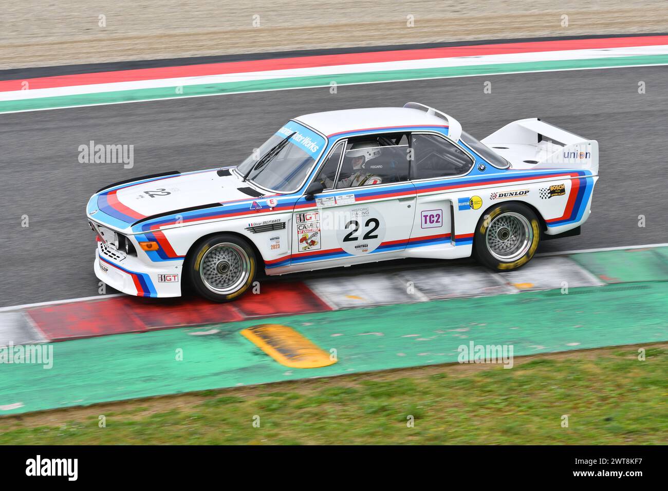 Scarperia, 2 April 2023: BMW 3.0 CSL 1975 in action during Mugello Classic 2023 at Mugello Circuit in Italy. Stock Photo