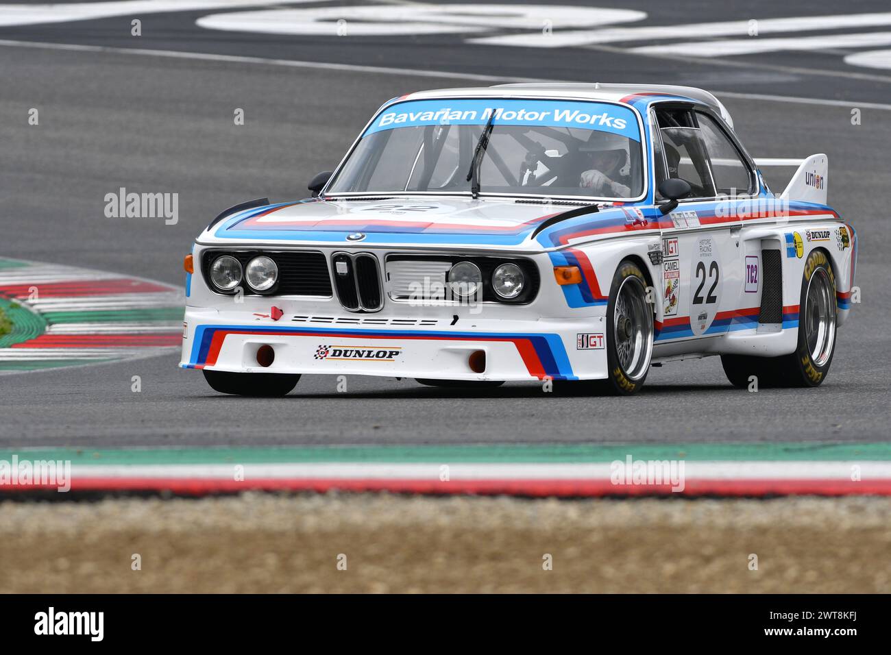 Scarperia, 2 April 2023: BMW 3.0 CSL 1975 in action during Mugello Classic 2023 at Mugello Circuit in Italy. Stock Photo