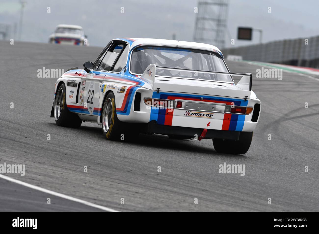 Scarperia, 2 April 2023: BMW 3.0 CSL 1975 in action during Mugello Classic 2023 at Mugello Circuit in Italy. Stock Photo