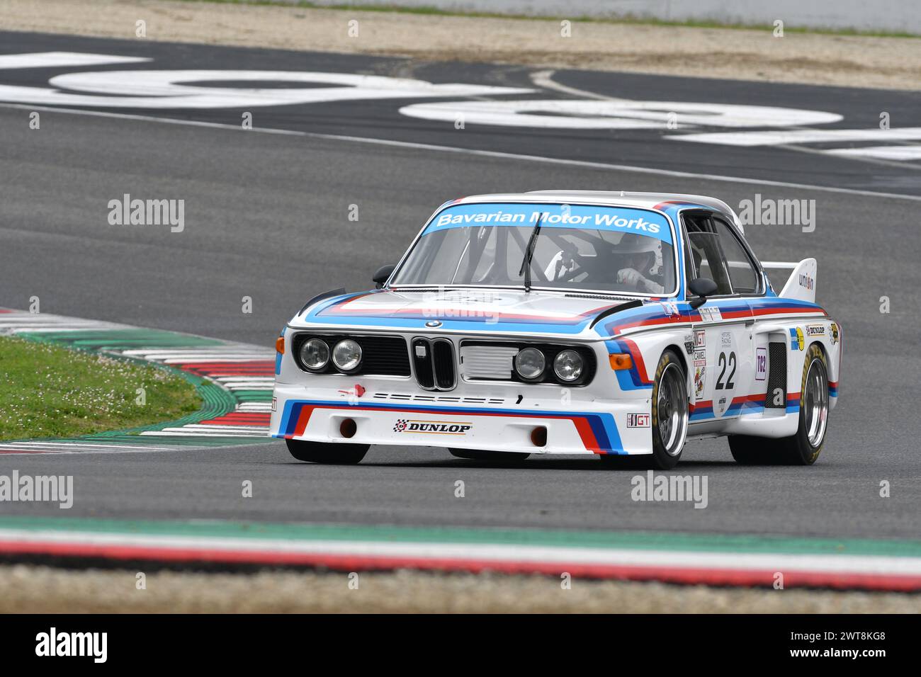 Scarperia, 2 April 2023: BMW 3.0 CSL 1975 in action during Mugello Classic 2023 at Mugello Circuit in Italy. Stock Photo