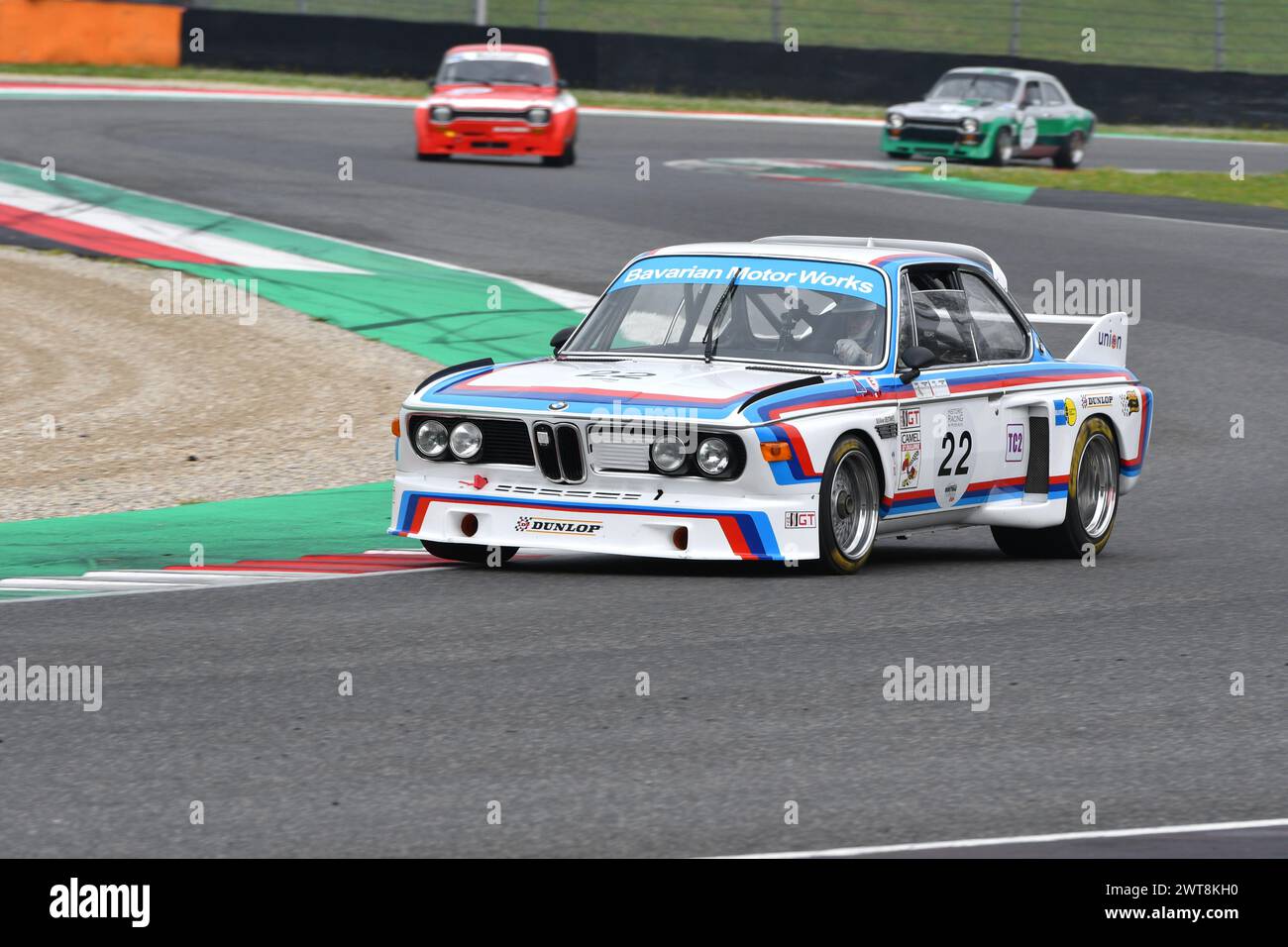 Scarperia, 2 April 2023: BMW 3.0 CSL 1975 in action during Mugello Classic 2023 at Mugello Circuit in Italy. Stock Photo