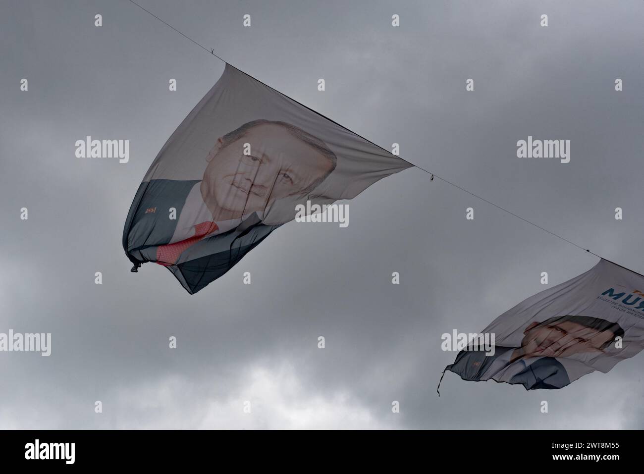 Istanbul, Turkey. 15th March 2024 An election banner of the Turkish President Recep Tayyip Erdogan of the ruling AKP during campaigning for local elec Stock Photo