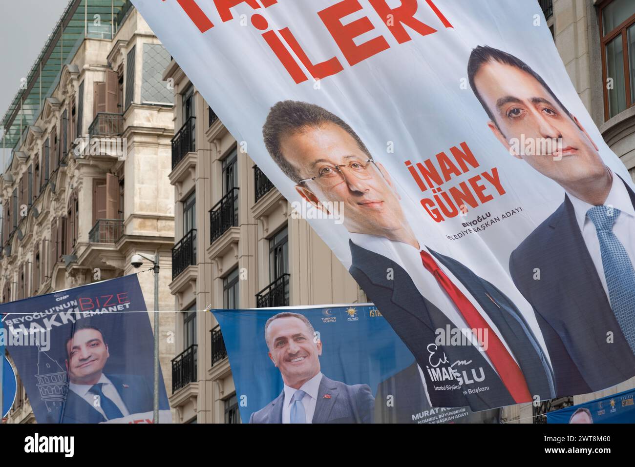 Istanbul, Turkey. 16th March 2024 Local municipality election posters for candidates representing the Turkish Republican People's Party or CHP and AKP Stock Photo