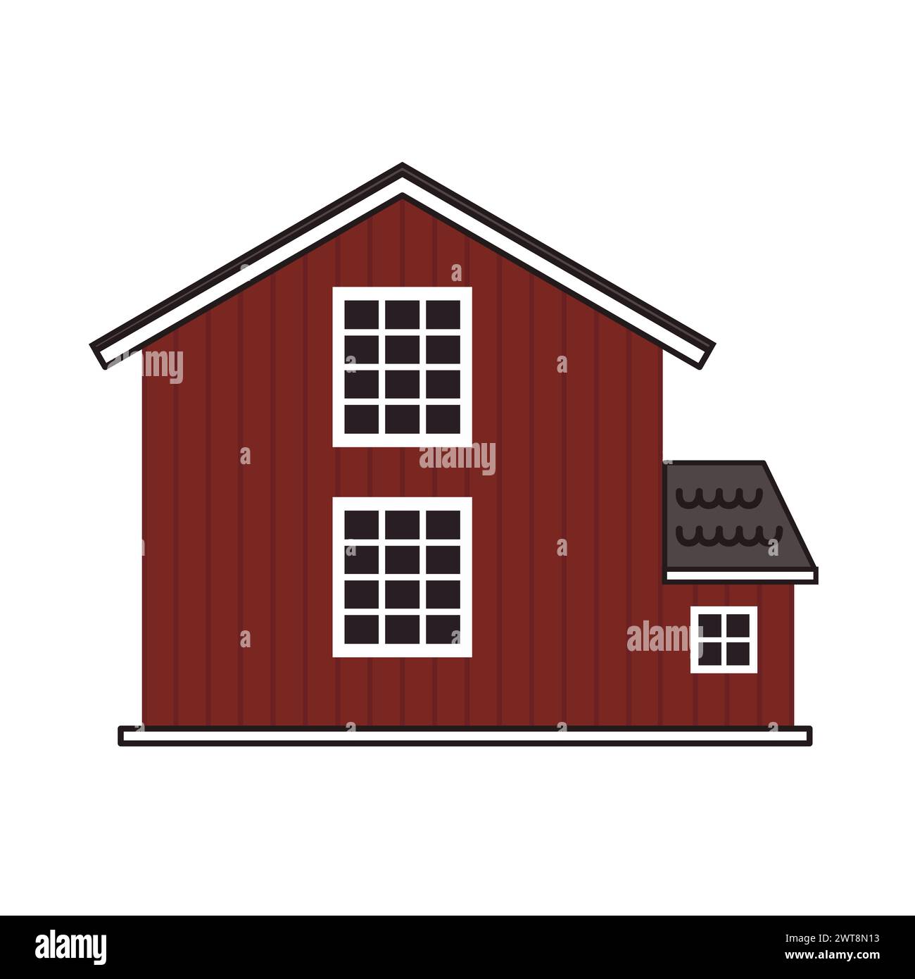 Flat cartoon red wooden barn house, gray roof, big windows with boards