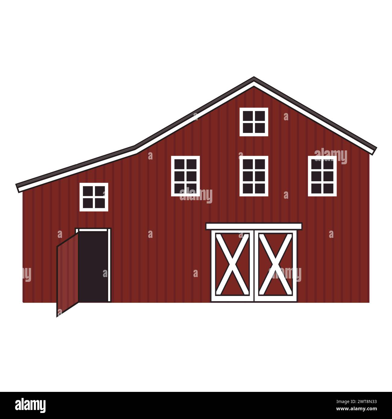 Red cartoon wooden barn with open door, roof and five windows. Outline hand drawn illustration isolated on white background Stock Vector