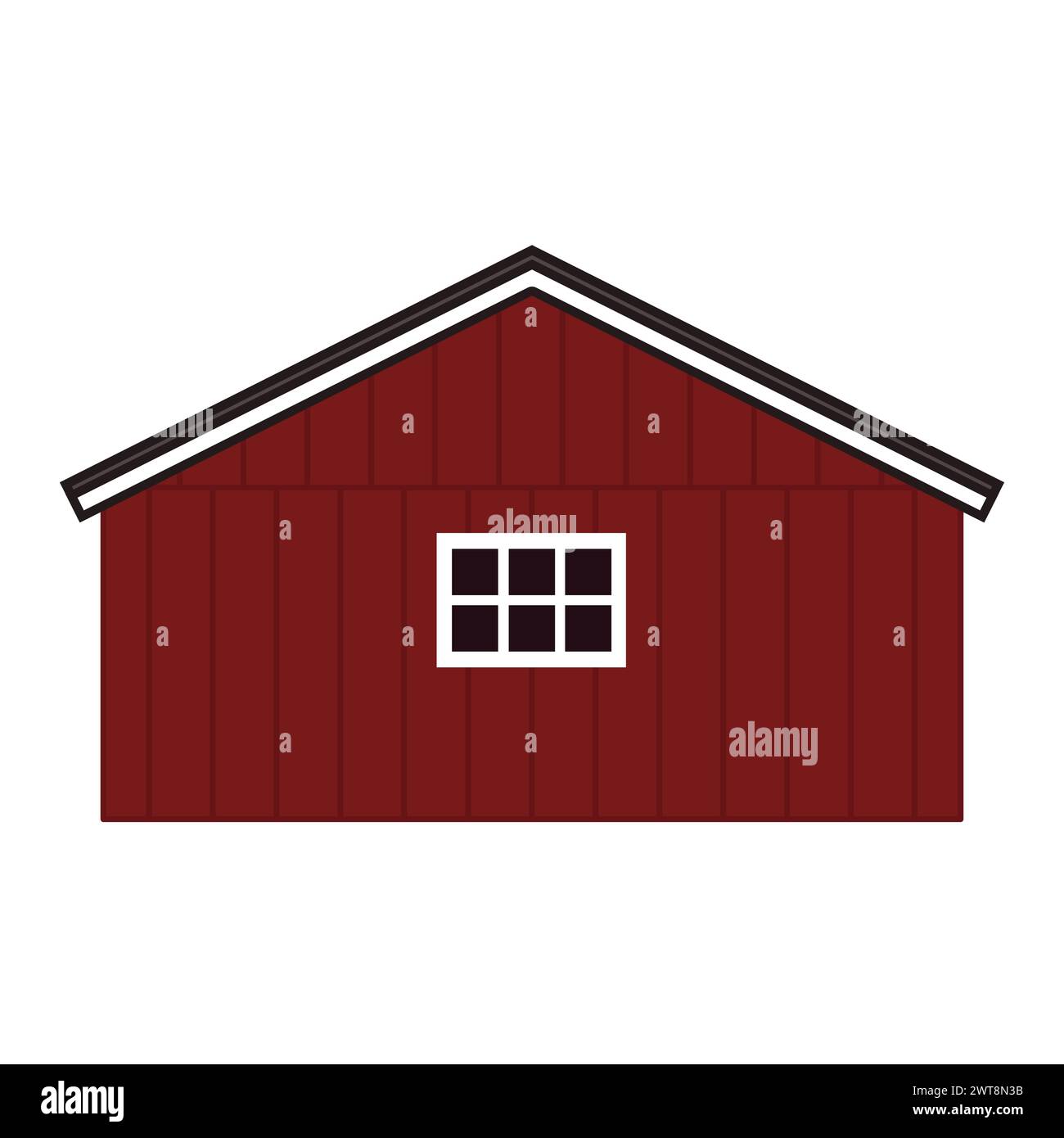 Cartoon red wooden barn house, gray roof, windows with boards. Vector
