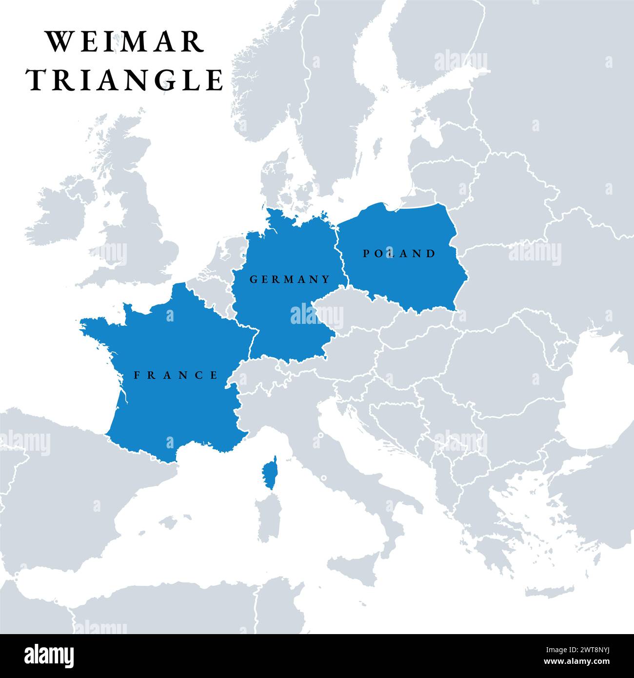 Weimar Triangle member states, political map. Regional alliance of France, Germany and Poland, created in 1991 in the German city of Weimar. Stock Photo