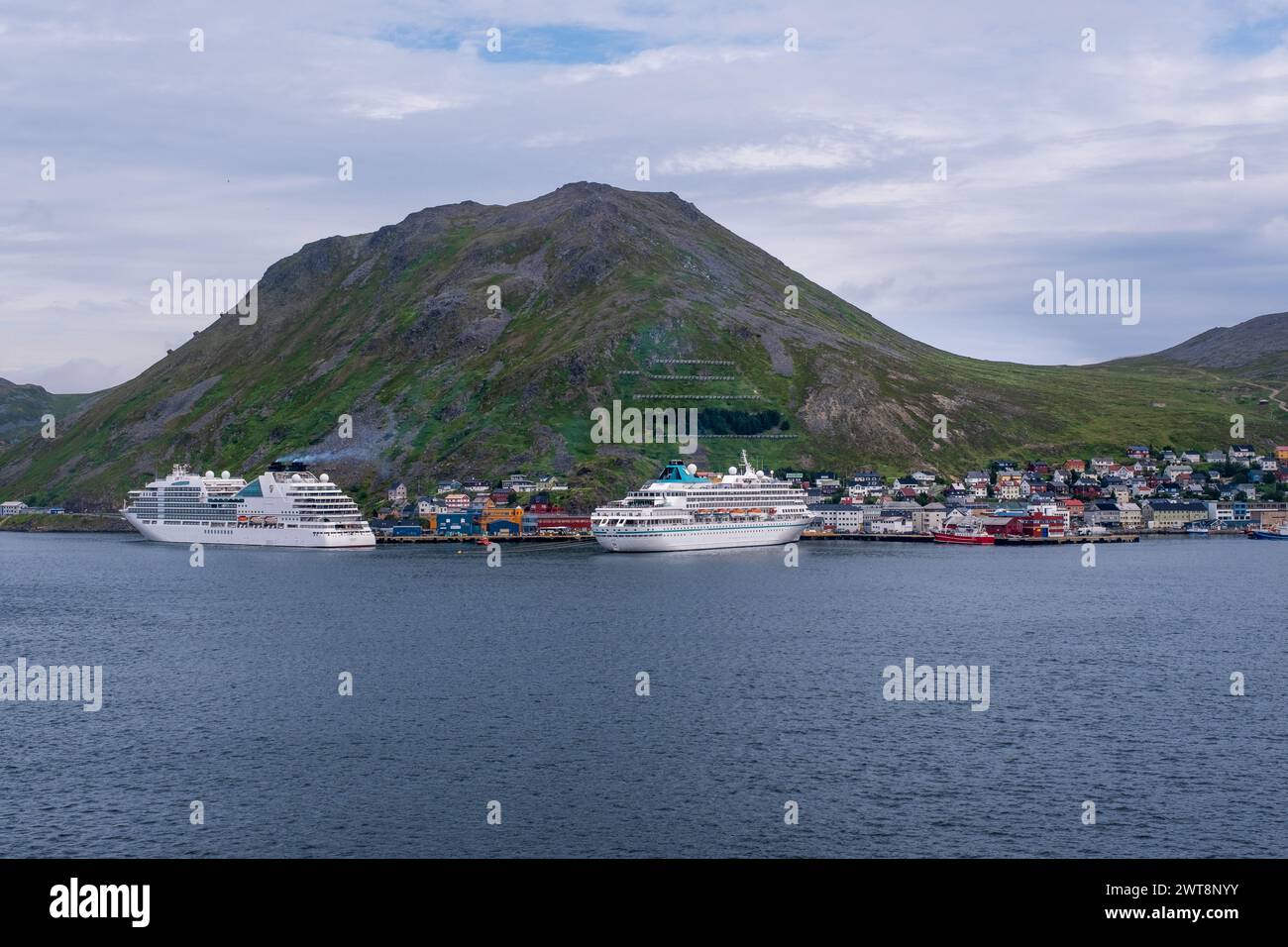 Honningsvag, Norway - 15 July 2023: Two cruise ships in Honningsvag village Stock Photo