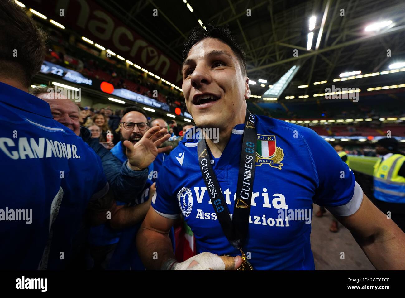 Man of the Match Ignacio Brex of Italy celebrating after the Guinness Six Nations match at the Principality Stadium, Cardiff. Picture date: Saturday March 16, 2024. Stock Photo
