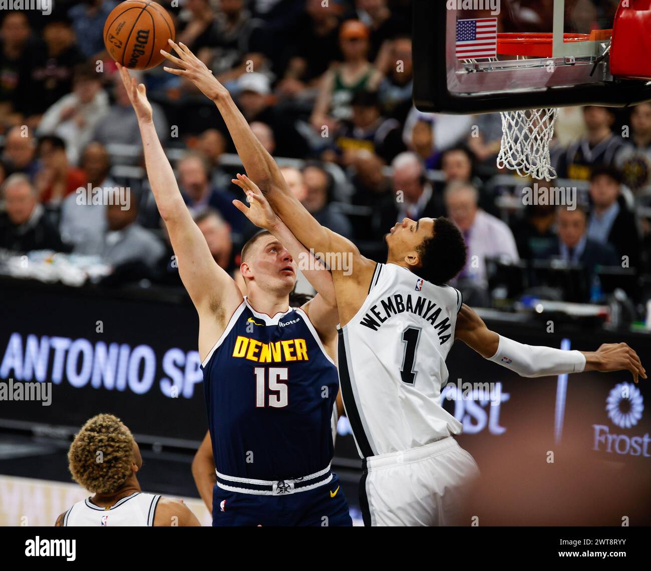 March 15, 2024: Denver Nuggets center Nikola Jokic (15) shoots over San Antonio Spurs center Victor Wembanyama (1) during an NBA game on March 15, 2024. (Credit Image: © Scott Coleman/ZUMA Press Wire) EDITORIAL USAGE ONLY! Not for Commercial USAGE! Stock Photo