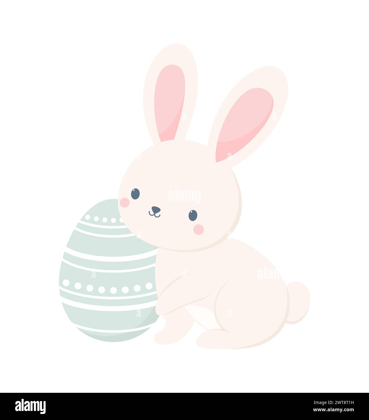 Сute Easter bunny sitting next to big Easter egg, isolated on a white ...