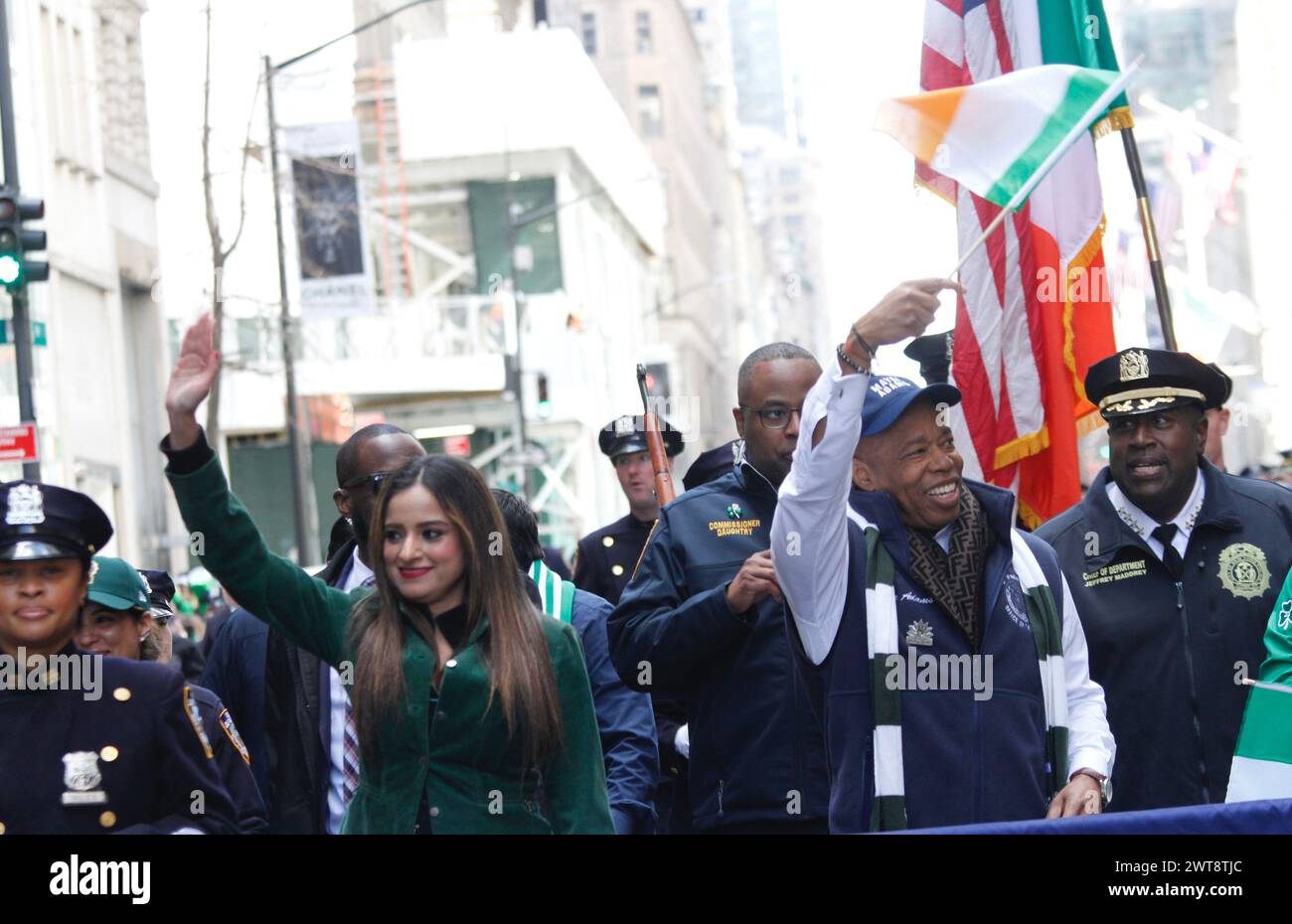 March 16, 2024, New York City, New York, USA: The 263rd Annual New York City Saint Patrick's Day Parade, the longest running St. Patrick's Day celebration in the world, dating back to 1762. Eric Adams, NYC mayor and New York City Police Department Commissioner Edward Caban and Congratulates Our Alumna. Maggie Timoney, the 2024 Grand Marshal, who is also the first woman to serve as CEO of a major U.S. beer company. (Credit Image: © Niyi Fote/TheNEWS2 via ZUMA Press Wire) EDITORIAL USAGE ONLY! Not for Commercial USAGE! Stock Photo