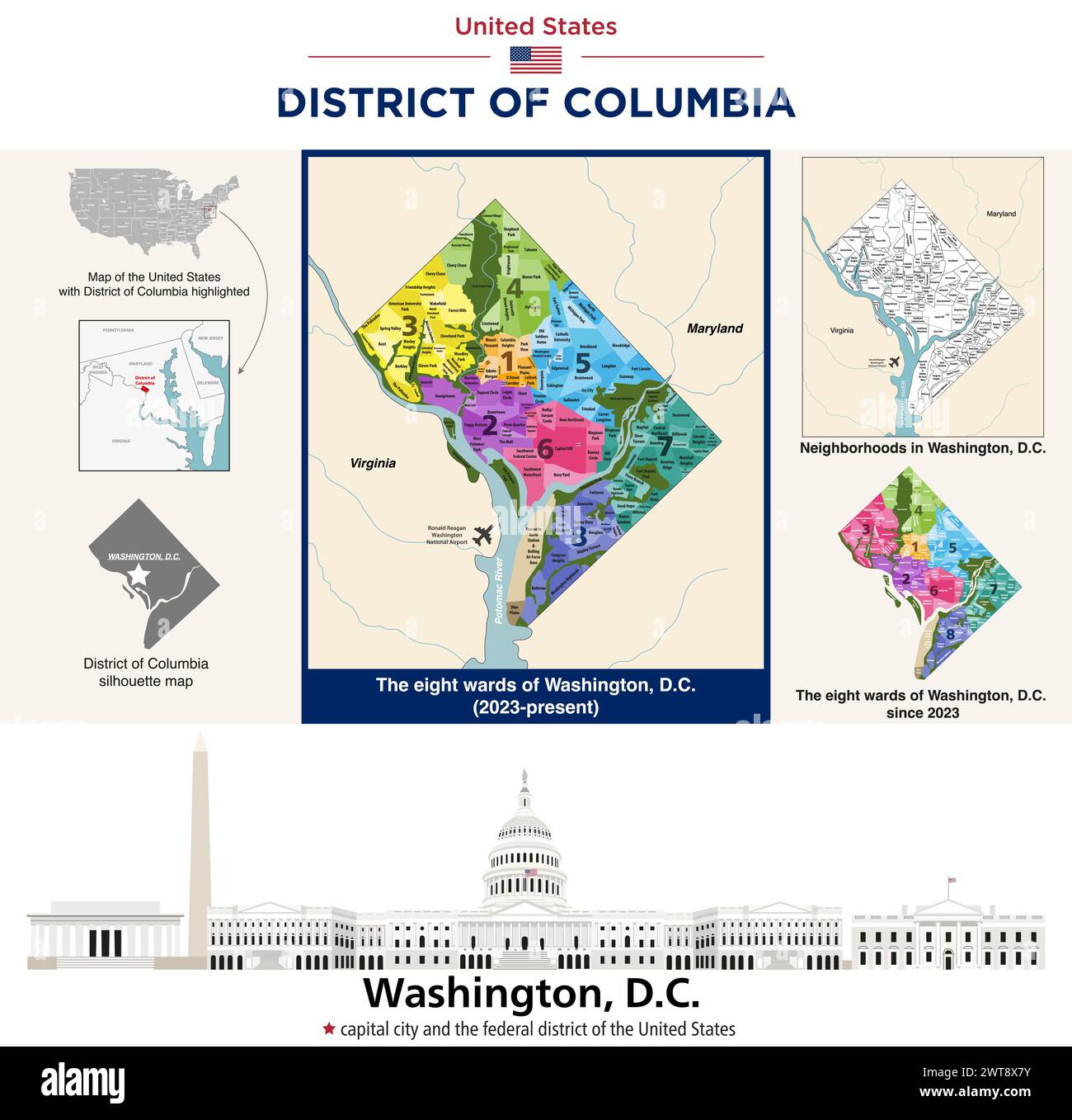 Map of wards and neighborhoods in District of Columbia. City skyline of Washinton, D. C. Stock Vector