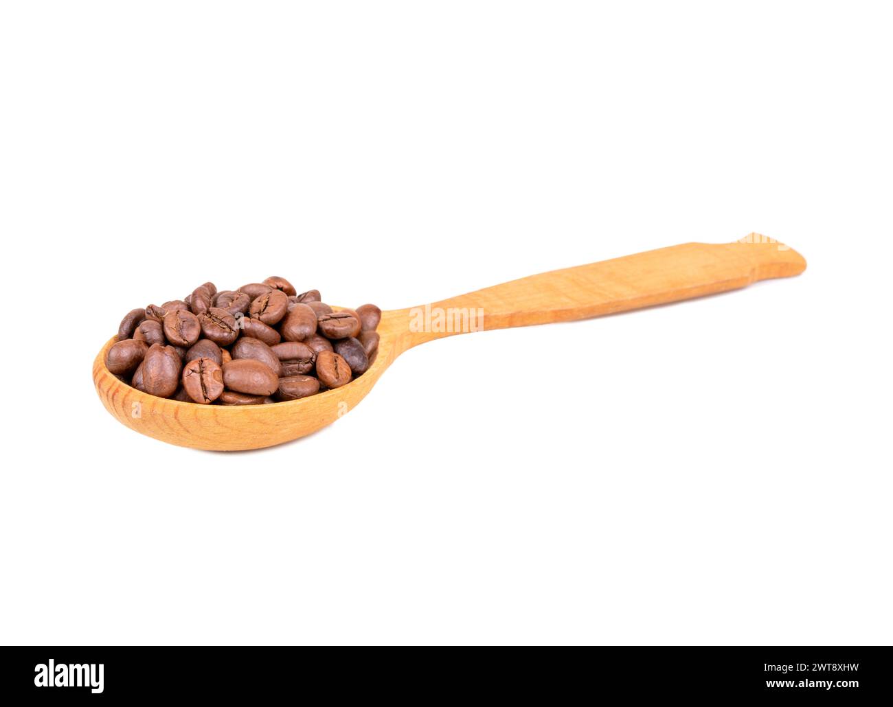 Coffee beans in wooden spoon isolated on white background Stock Photo
