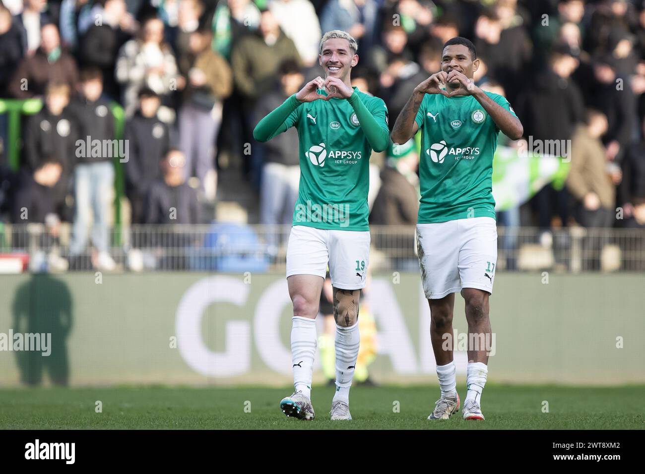 Lommel, Belgium. 16th Mar, 2024. Lommel's Arthur De Oliveira and Lommel's Diego Silva Rosa Gabriel celebrate during a soccer match between Lommel SK and Rsca Futures, Saturday 16 March 2024 in Lommel, on day 26/30 of the 2023-2024 'Challenger Pro League' second division of the Belgian championship. BELGA PHOTO KRISTOF VAN ACCOM Credit: Belga News Agency/Alamy Live News Stock Photo