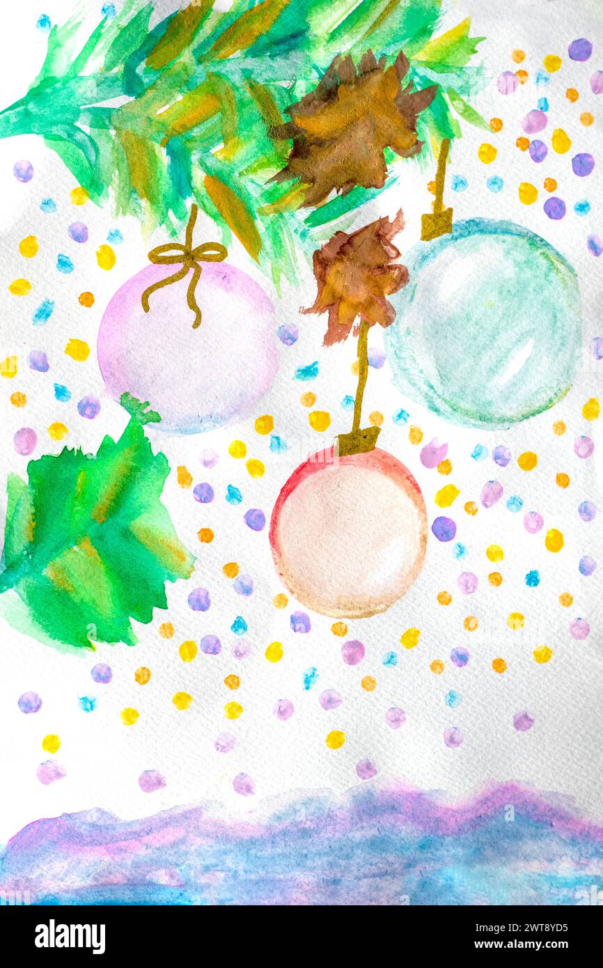 Watercolor Christmas balls on a Christmas tree branch. Hanging balls. Holiday decor. Stock Photo
