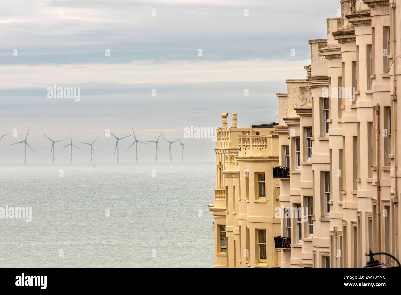 Brighton, March 16th 2024: The Rampion Wind Farm seen from the streets of Hove Stock Photo