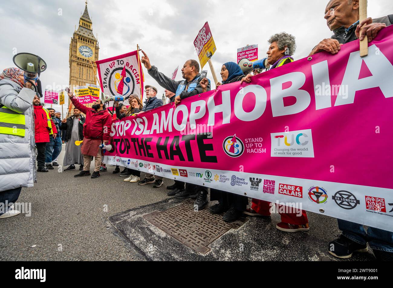 London, UK. 16th Mar, 2024. Jeremy Corbyn MP leads the march Passing the Houses of Parliament - A Stop Racism, Stop the Hate demonstration in London. It was organised by Stand Up To Racism in conjunction with #HouseAgainstHate, @R3SoundSystem and @lmhrnational supported by 17 trade unions, The Muslim Council of Britain Jewish Socialists' Group other faith groups, organisations, campaigns and Trades Union Congress (TUC). Credit: Guy Bell/Alamy Live News Stock Photo