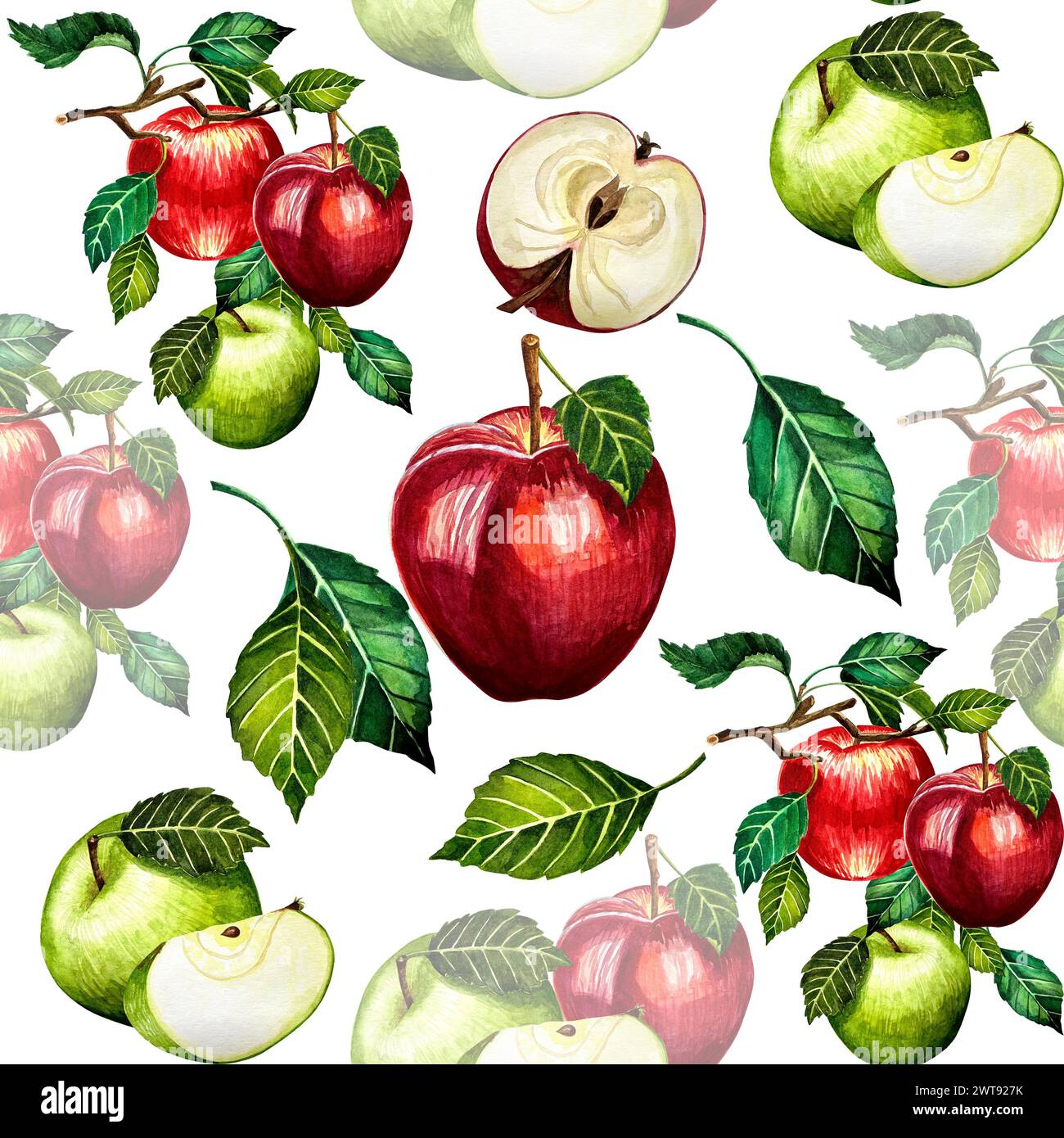 Apples on white background hand drawn seamless pattern watercolor ...
