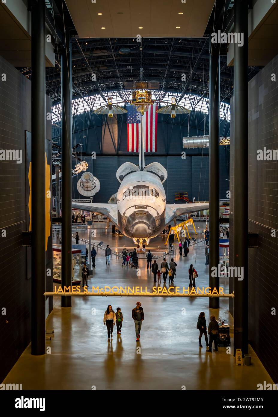 Space Shuttle Discovery on display in the James S. McDonnell Space Hangar at the Steven F. Udvar-Hazy Center. Stock Photo