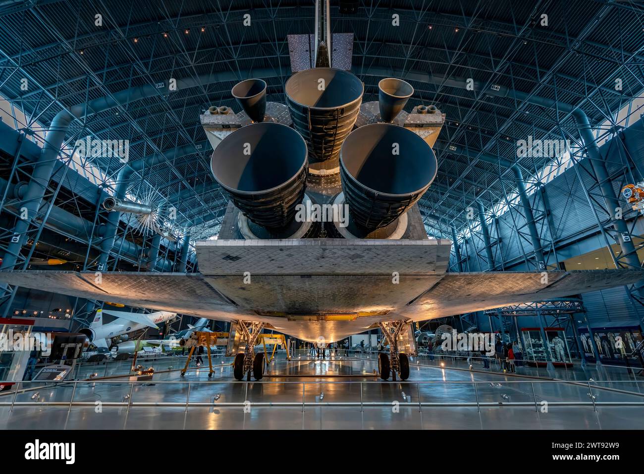 View of the Space Shuttle Discovery, located in the James S. McDonnell Space Hangar in the Steven F. Udvar-Hazy Center, National Air and Space Museum. Stock Photo