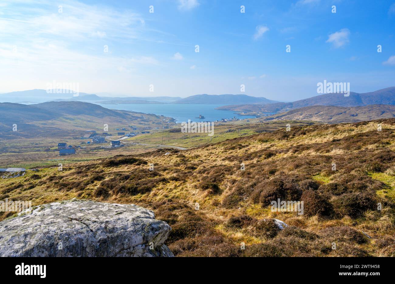 View over the village of Castlebay and Kisimul Castle from Heaval hill, Isle of Barra, Outer Hebrides, Scotland, UK Stock Photo