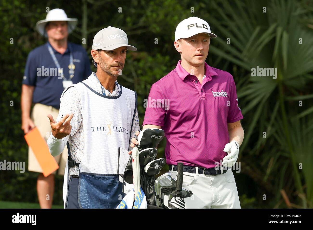 Ponte Vedra, FL, USA. 16th Mar, 2024. Mackenzie Hughes confers with his