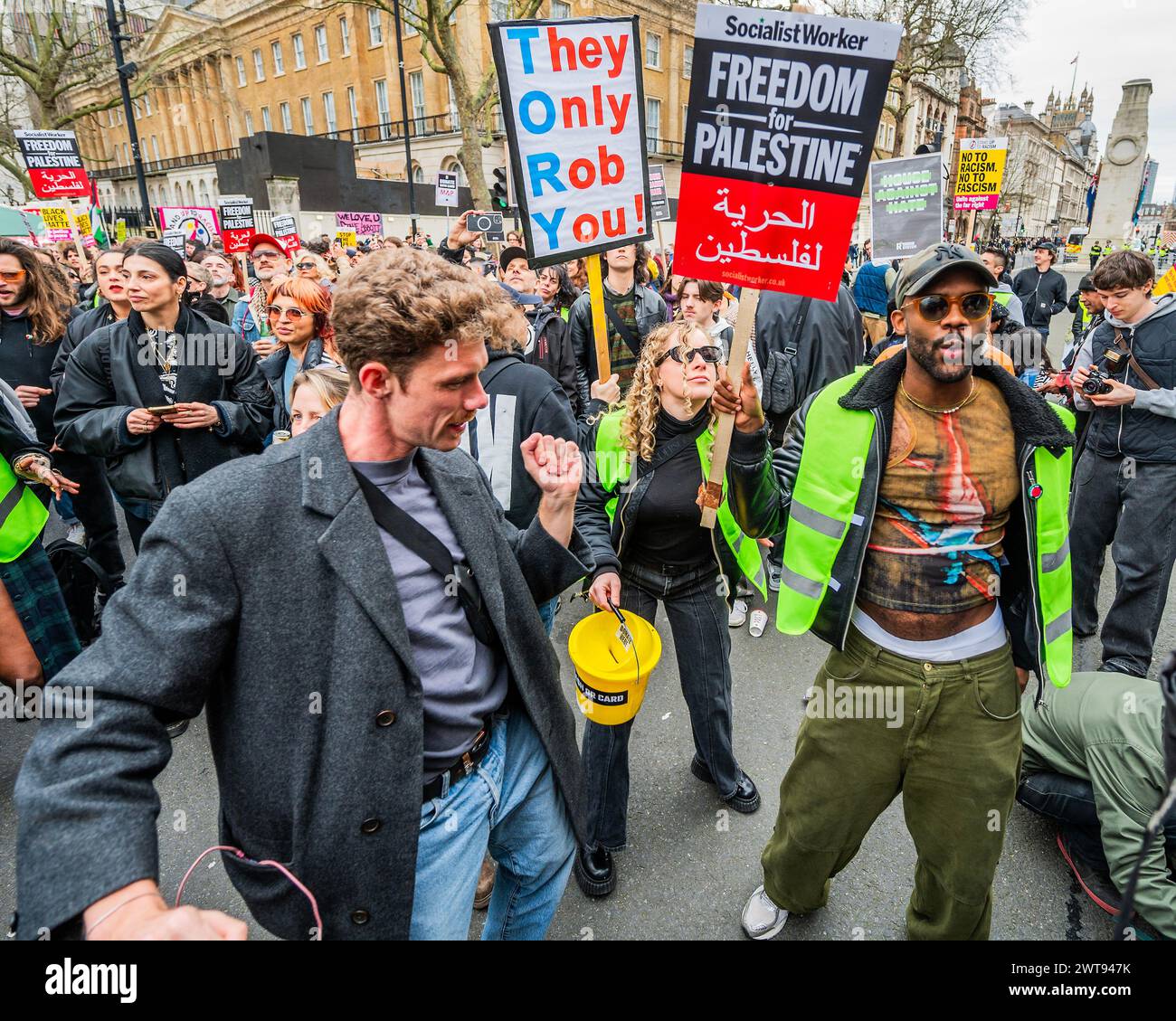 London, UK. 16th Mar, 2024. Dancing to House against Hate who create a mini rave outside the gates of Downing Street in Whitehall - A Stop Racism, Stop the Hate demonstration in London. It was organised by Stand Up To Racism. Credit: Guy Bell/Alamy Live News Stock Photo