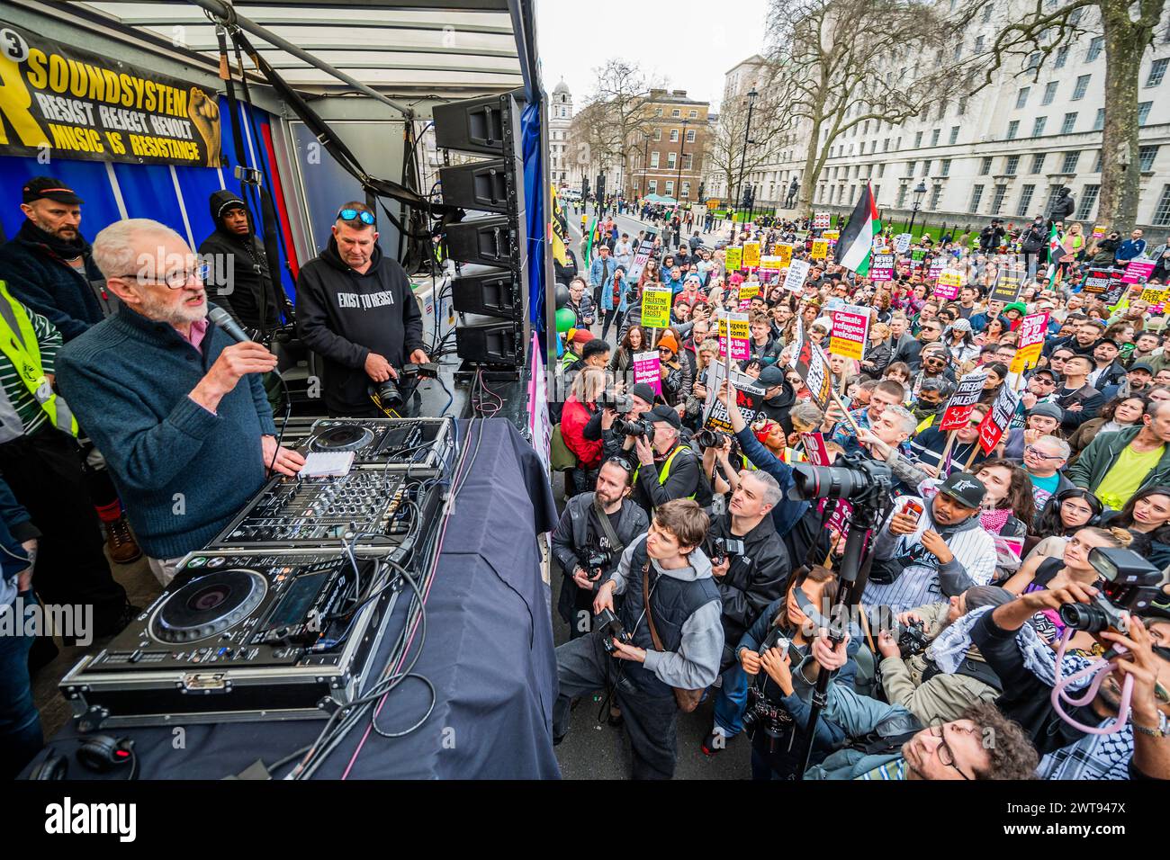 London, UK. 16th Mar, 2024. Jeremy Corbyn MP acts briefly as DJ - Dancing to House against Hate who create a mini rave outside the gates of Downing Street in Whitehall - A Stop Racism, Stop the Hate demonstration in London. It was organised by Stand Up To Racism. Credit: Guy Bell/Alamy Live News Stock Photo