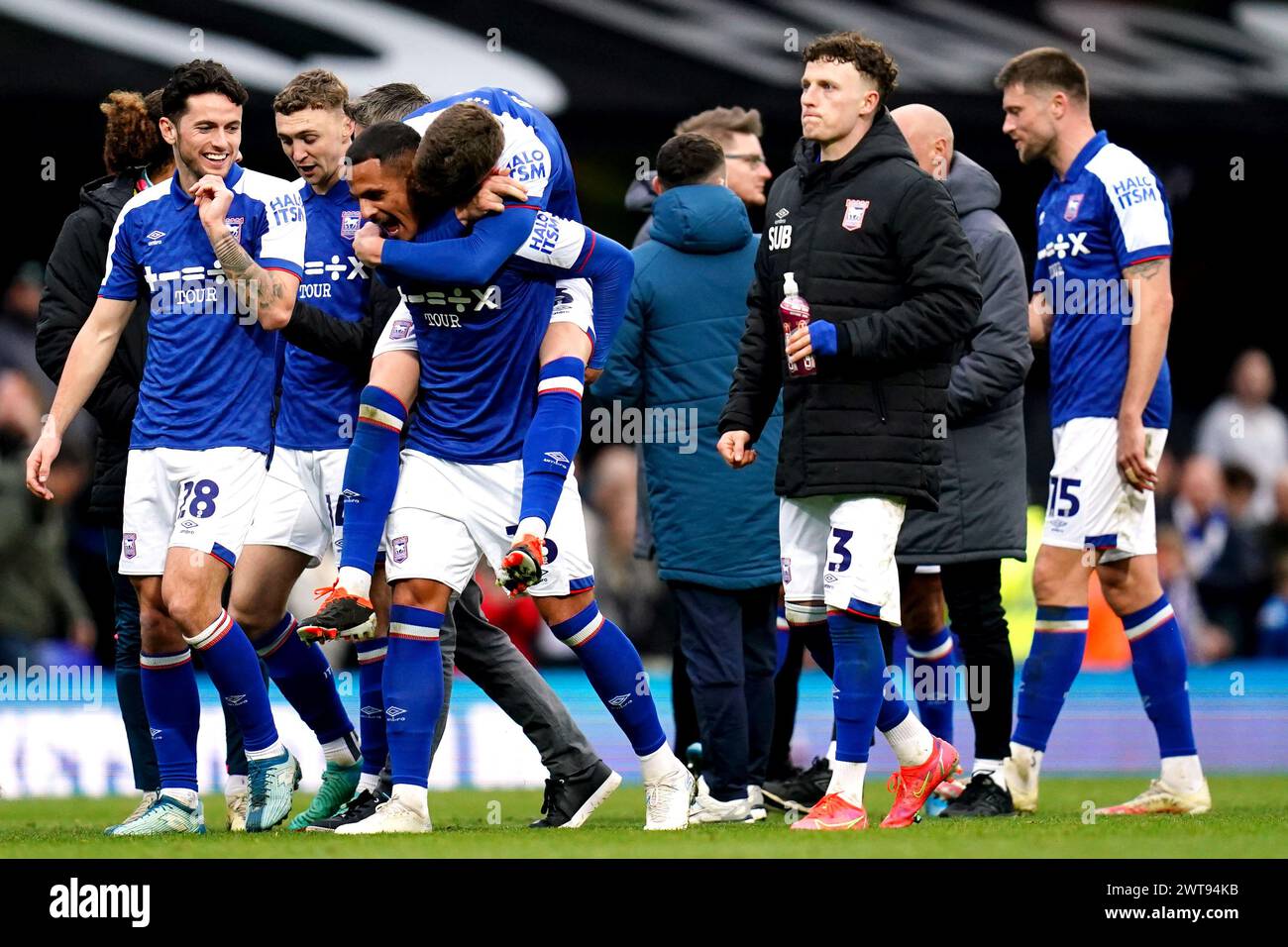 Ipswich Town's Ali Al-Hamadi is congratulated at the end of the match by teammate Leif Davis (on top) during the Sky Bet Championship match at Portman Road, Ipswich. Picture date: Saturday March 16, 2024. Stock Photo