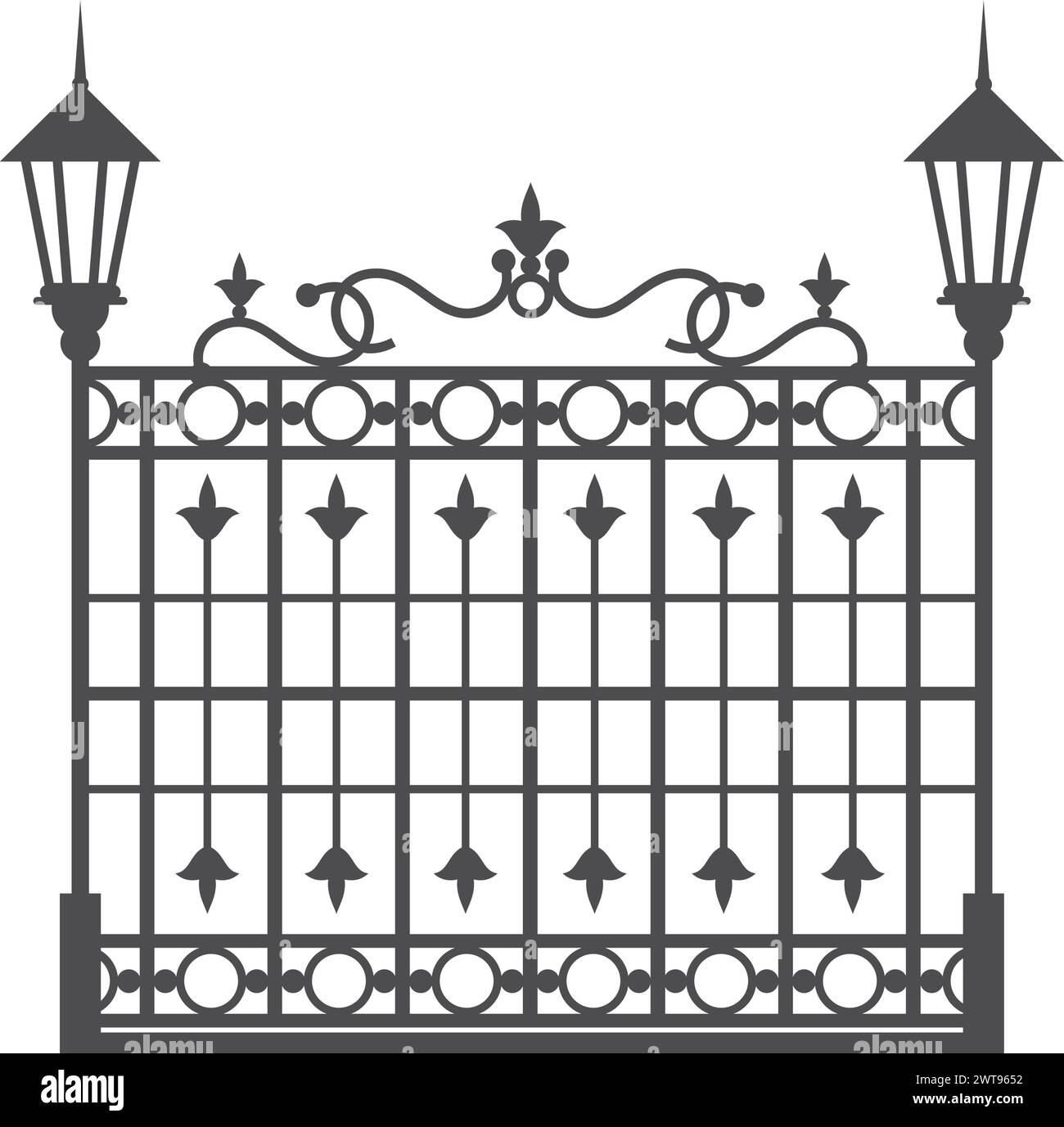 Park fence. Decorative metal gate with vintage lanterns Stock Vector
