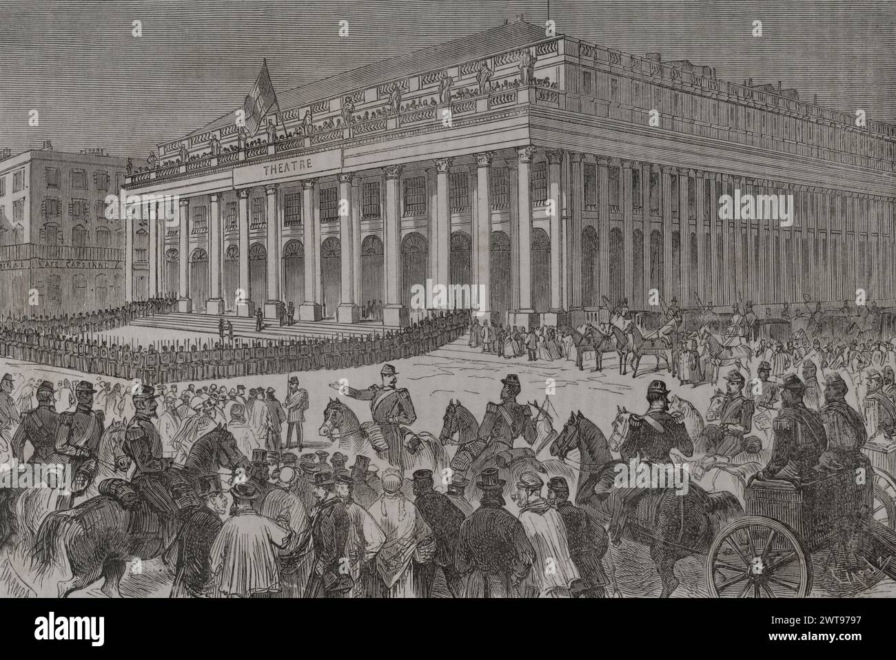 Franco-Prussian War (1870-1871). During the war, the city of Bordeaux temporarily (from 8 February to 20 March 1871) became the seat of the French government. Exterior view of the Grand Théâtre where the National Assembly of the French Parliament met, 13 February 1871. Drawing by Miranda. Engraving by Capuz. 'Historia de la Guerra de Francia y Prusia' (History of the War between France and Prussia). Volume II. Published in Barcelona, 1871. Stock Photo