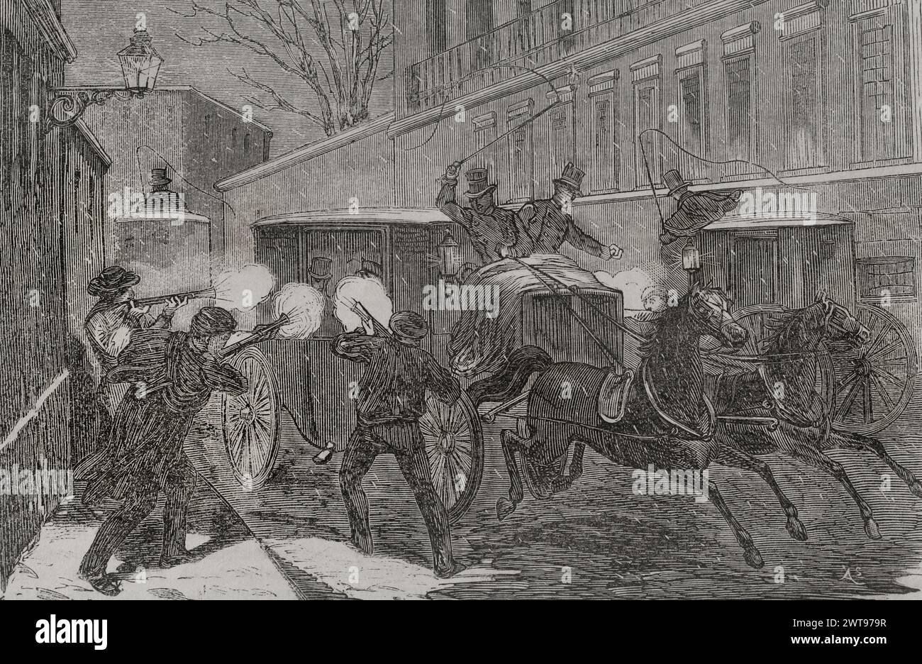 History of Spain. Madrid. Attack on General Prim (1814-1870) in calle del Turco (Turk Street) on 27 December 1870. Armed men with blunderbusses attacked his carriage as he was on the way to his residence in the Buenavista Palace. He died three days later from the wounds he had sustained. Engraving. 'Historia de la Guerra de Francia y Prusia' (History of the War between France and Prussia). Volume II. Published in Barcelona, 1871. Stock Photo