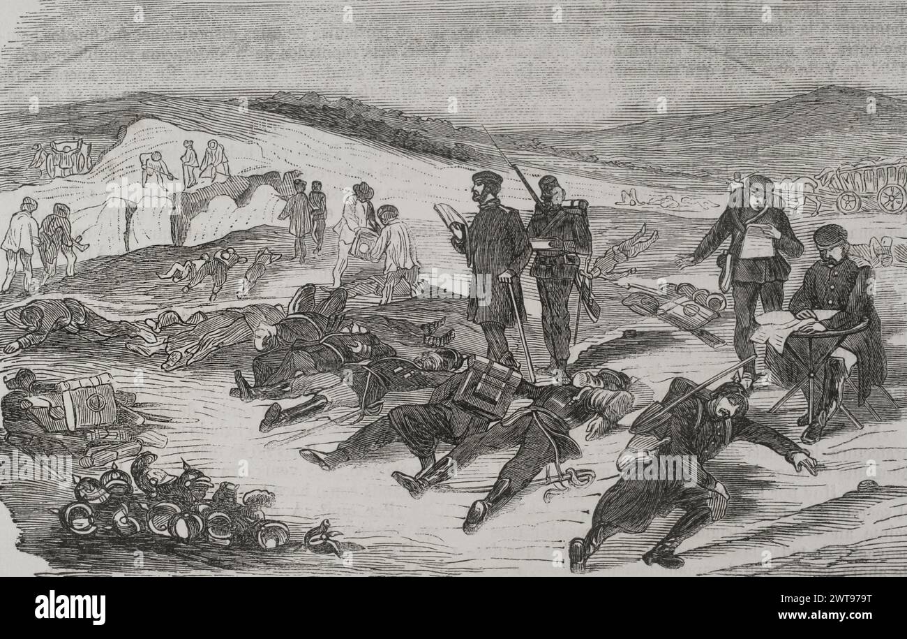 Franco-Prussian War (1870-1871). Battle of Sedan (1-2 September 1870). The Prussian army defeated and captured the entire French army, including Emperor Napoleon III who took part in the battle and surrendered his army. Burial of the bodies of Prussian soldiers after the battle. Engraving. "Historia de la Guerra de Francia y Prusia" (History of the War between France and Prussia). Volume II. Published in Barcelona, 1871. Stock Photo