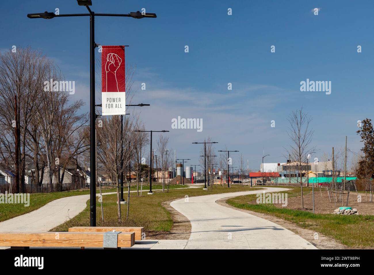 Detroit, Michigan - A mostly-finished section of the Joe Louis Greenway. When complete, the Greenway will be a 27.5-mile bicycle/walking trail that wi Stock Photo
