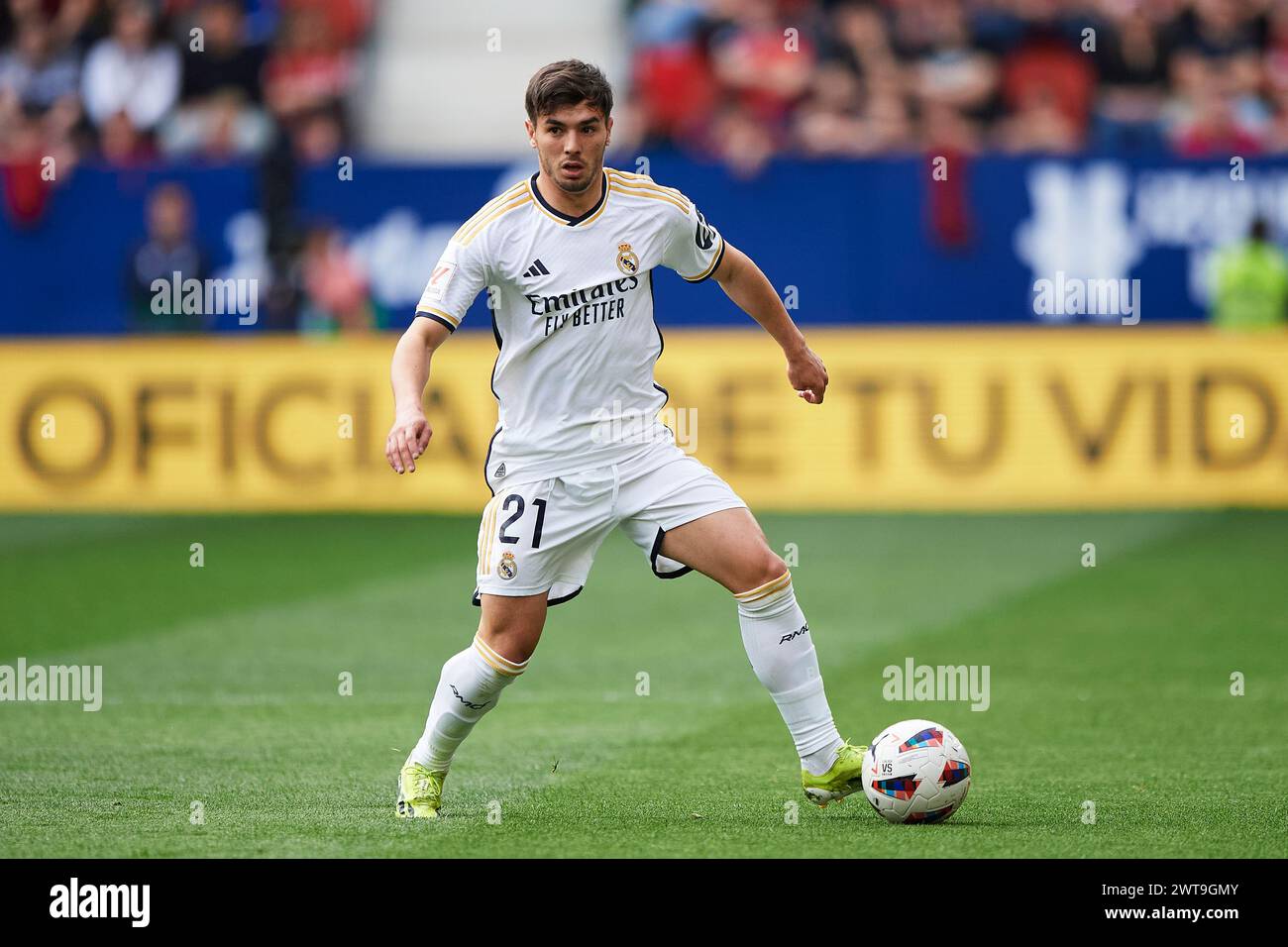 Brahim Diaz of Real Madrid CF with the ball during the LaLiga EA Sports match between CA Osasuna and Real Madrid CF at El Sadar Stadium on March 16, 2024, in Pamplona, Spain. Credit: Cesar Ortiz Gonzalez/Alamy Live News Stock Photo