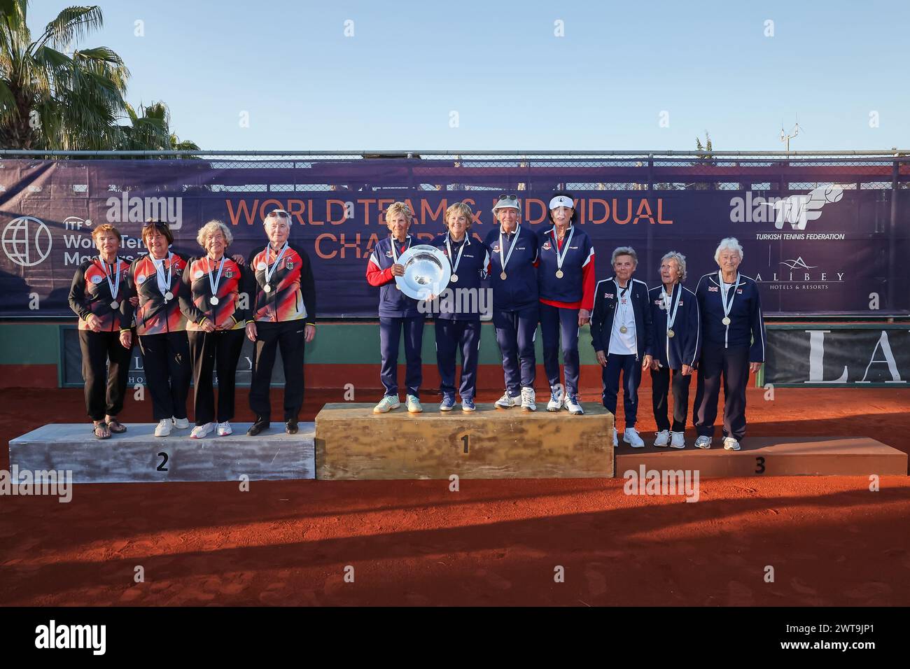 Manavgat, Antalya, Turkey. 15th Mar, 2024. Team Germany (Silver), Team USA (Gold), Team Great Britain (Bronze) during the 2024 World Team & Individual Championships 65-85 (Credit Image: © Mathias Schulz/ZUMA Press Wire) EDITORIAL USAGE ONLY! Not for Commercial USAGE! Stock Photo