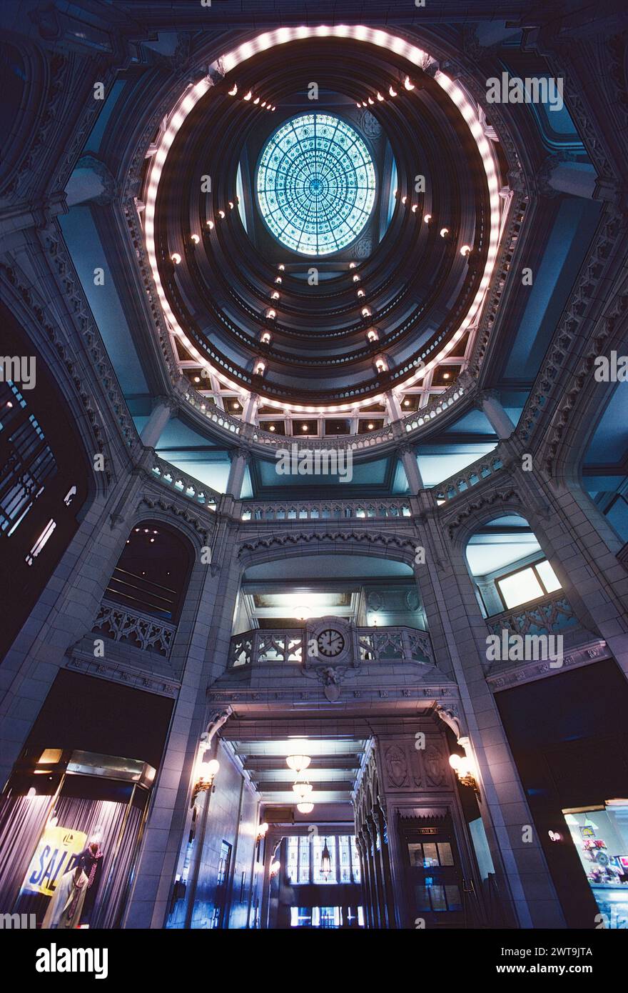 Interior view of Union Trust Building stained glass dome; shops