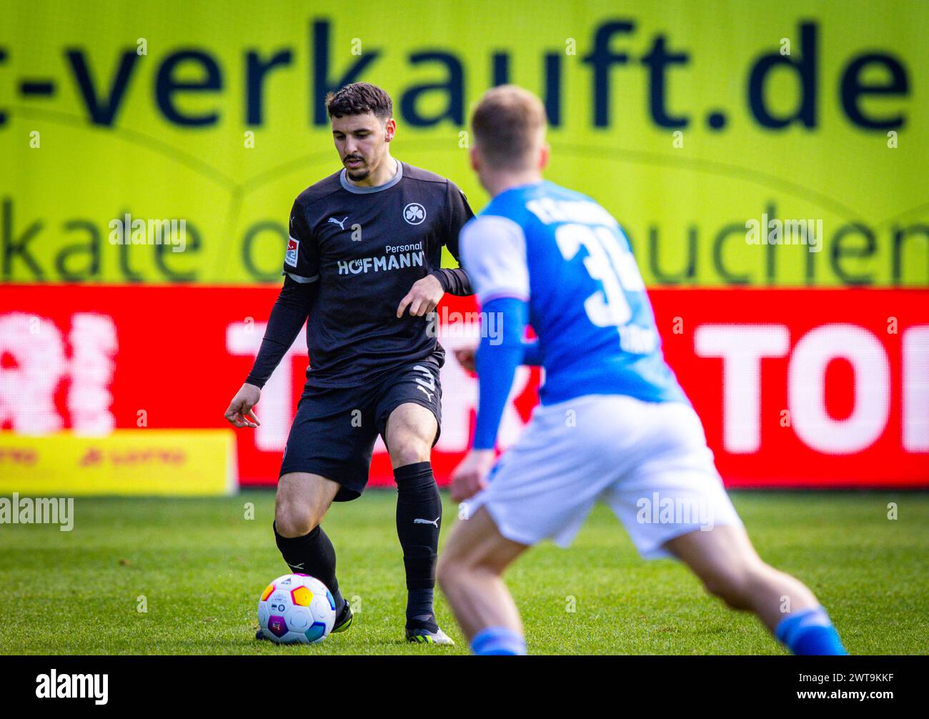 Rostock, Germany. 16th Mar, 2024. Soccer: Bundesliga 2, Hansa Rostock - SpVgg Greuther Fürth, Matchday 26, Ostseestadion. Oualid Mhamdi from Greuther Fürth. Rostock wins 1 : 0 against Greuther Fürth. Credit: Jens Büttner/dpa - IMPORTANT NOTE: In accordance with the regulations of the DFL German Football League and the DFB German Football Association, it is prohibited to utilize or have utilized photographs taken in the stadium and/or of the match in the form of sequential images and/or video-like photo series./dpa/Alamy Live News Stock Photo