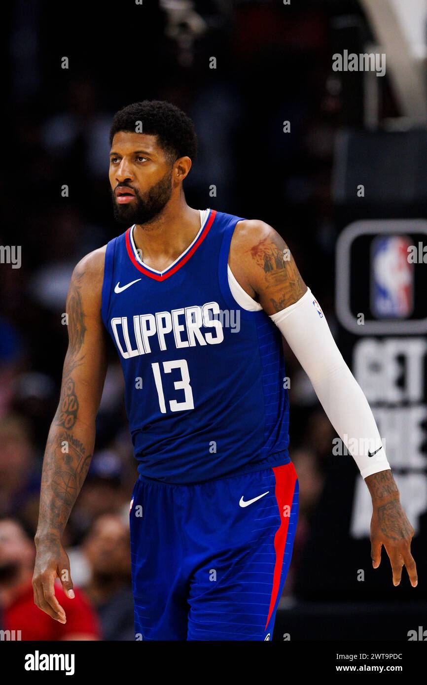 LOS ANGELES, CA - MARCH 12: LA Clippers forward Paul George (13) during an NBA basketball game against the Minnesota Timberwolves on March 12, 2024 at Crypto.com Arena in Los Angeles, CA. (Photo by Ric Tapia/Icon Sportswire) (Icon Sportswire via AP Images) Stock Photo