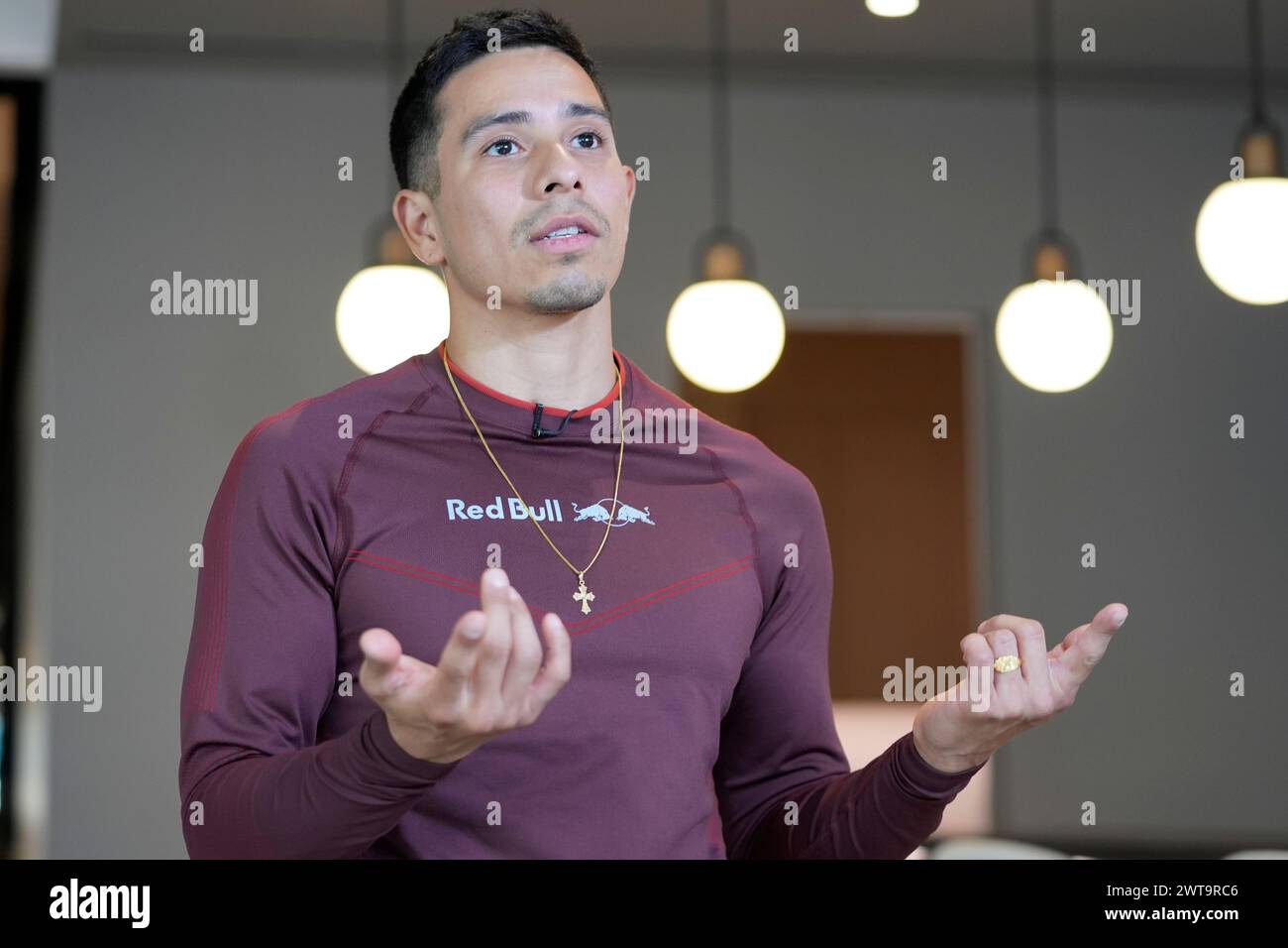 Victor Montalvo, also known as B-Boy Victor, speaks during a news
