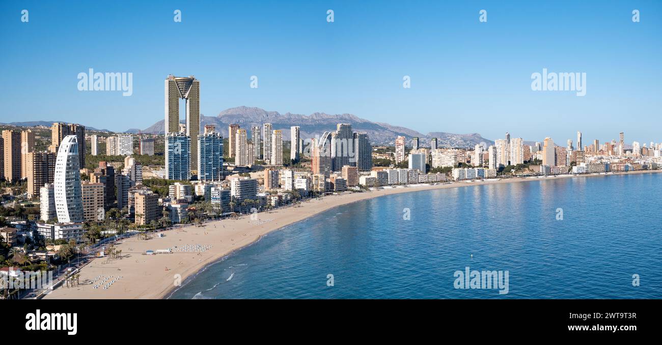 Benidorm, Spain; March 12th 2024: Poniente beach skyline in Benidorm panorama Stock Photo