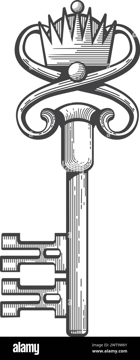 Vintage royal key drawing. Crown metal icon Stock Vector