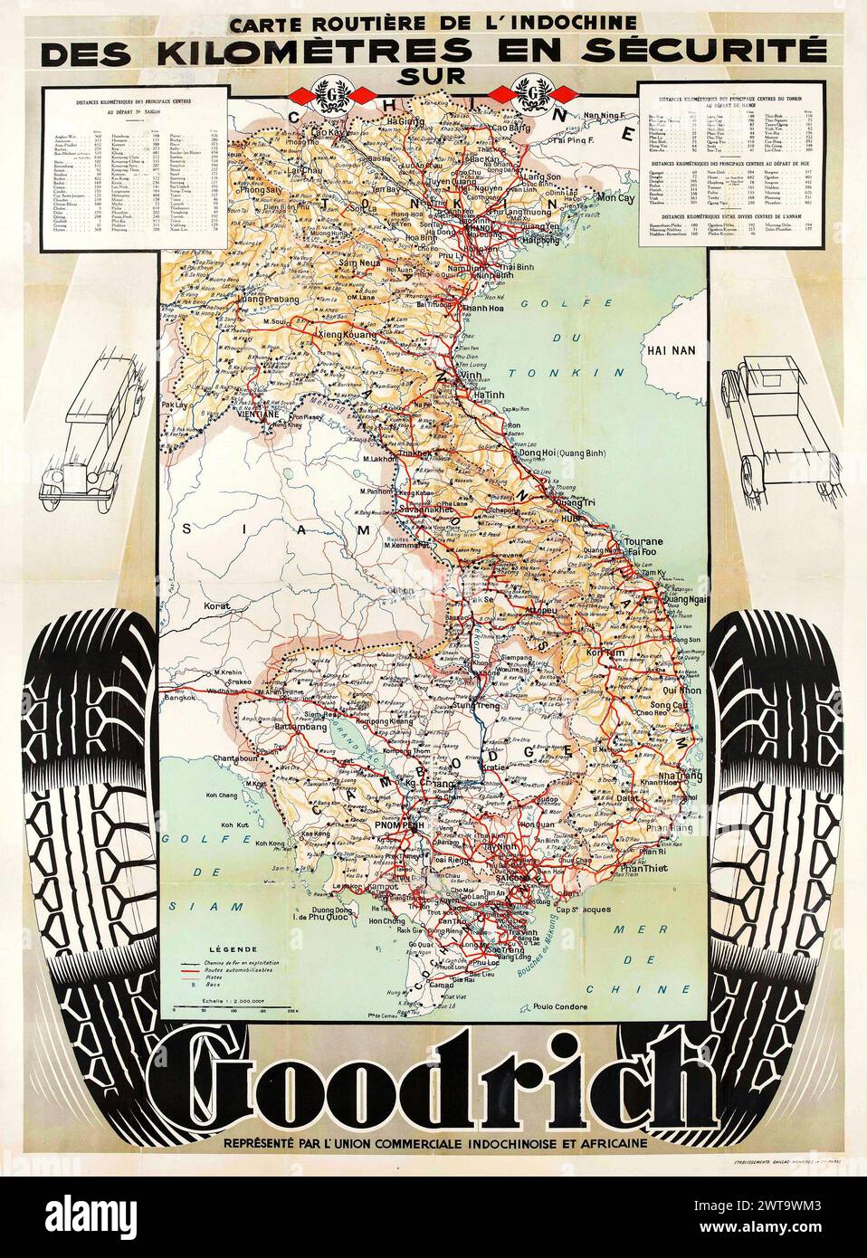 Vintage French Road Map of Indochina, Vietnam,  Cambodia, Laos on a Goodrich Tire Ad Poster. circa 1930s Stock Photo