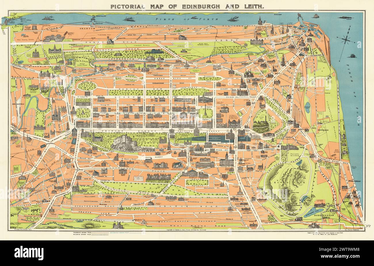 Vintage Pictorial Map of Edinburgh and Leith. with drawing of streets major monuments, buildings