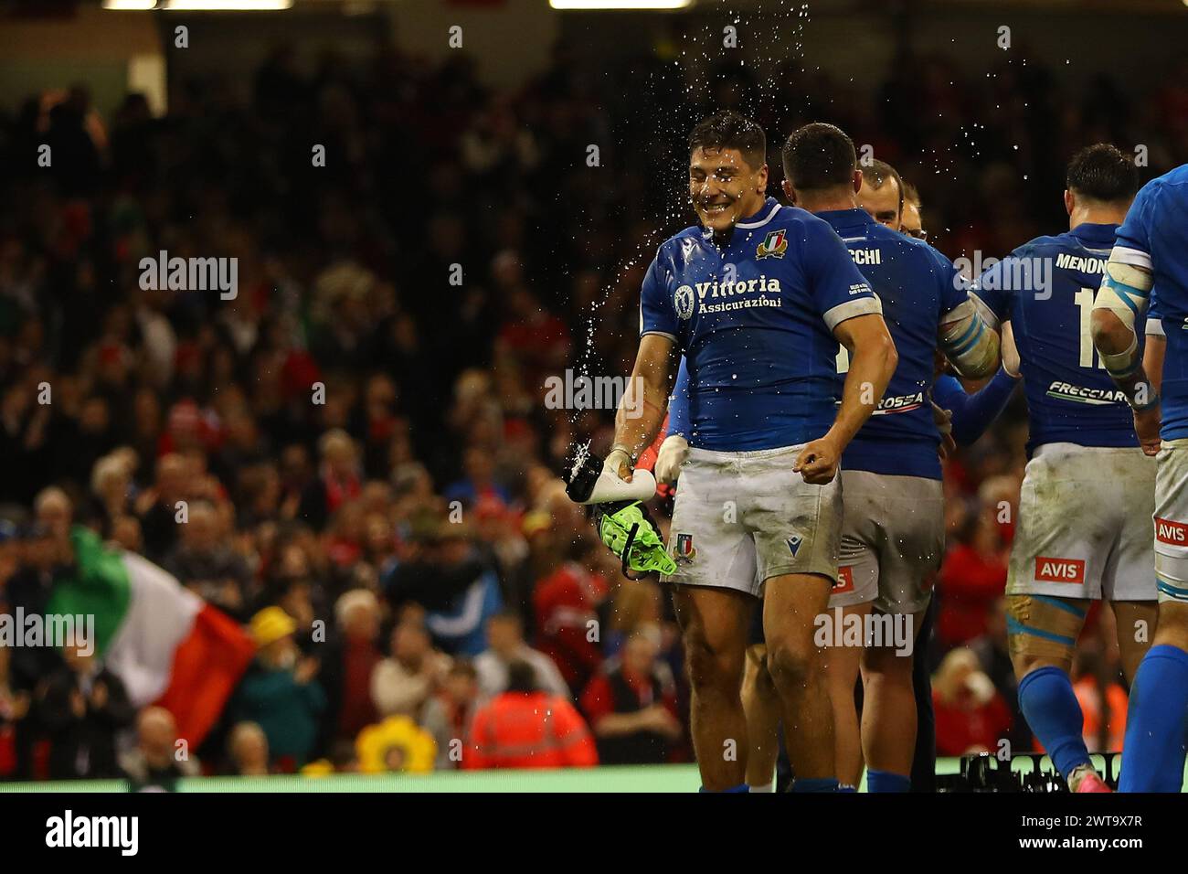 Cardiff, UK. 16th Mar, 2024. Ignacio Brex of Italy, the man of the match celebrates the Italian win at the final whistle. Guinness Six Nations championship 2024 match, Wales v Italy at the Principality Stadium in Cardiff on Saturday 16th March 2024. pic by Andrew Orchard/Andrew Orchard sports photography/ Alamy Live News Credit: Andrew Orchard sports photography/Alamy Live News Stock Photo