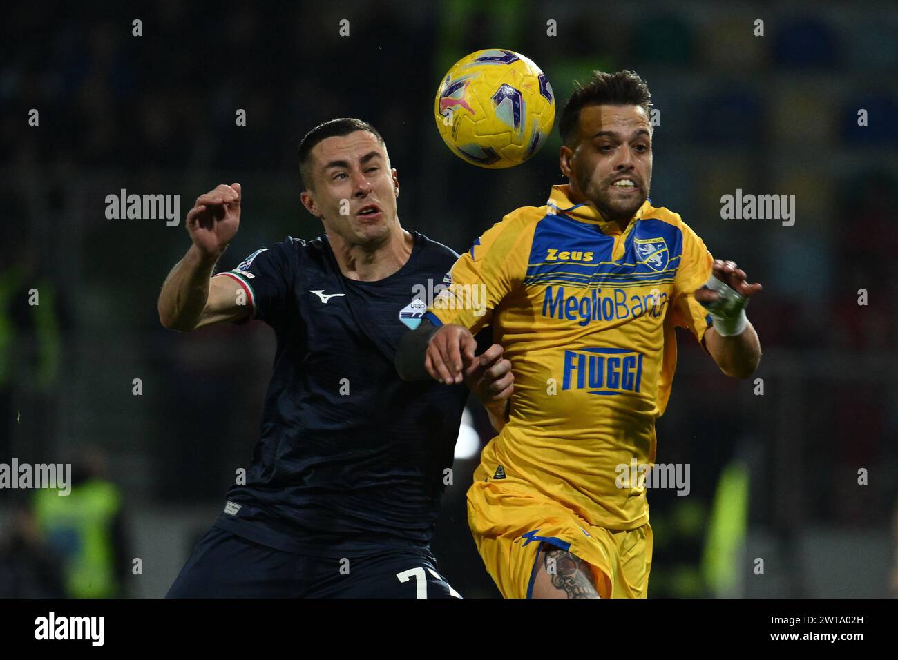 Frosinone, Italy. 16th Mar, 2024. Adam Marusic of S.S. Lazio and Francesco Gelli of Frosinone Calcio during the 29th day of the Serie A Championship between Frosinone Calcio vs S.S. Lazio, 16 March 2024 at the Benito Stirpe Stadium, Frosinone, Italy. Credit: Independent Photo Agency/Alamy Live News Stock Photo