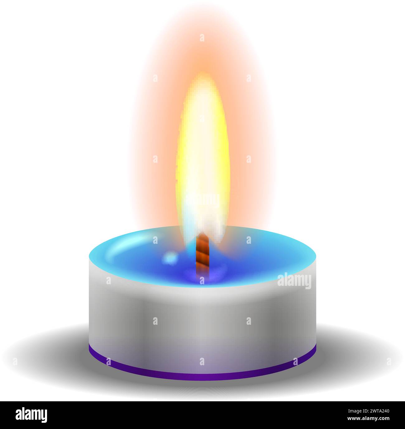 Small candle lit. Realistic tealight with fire flame Stock Vector