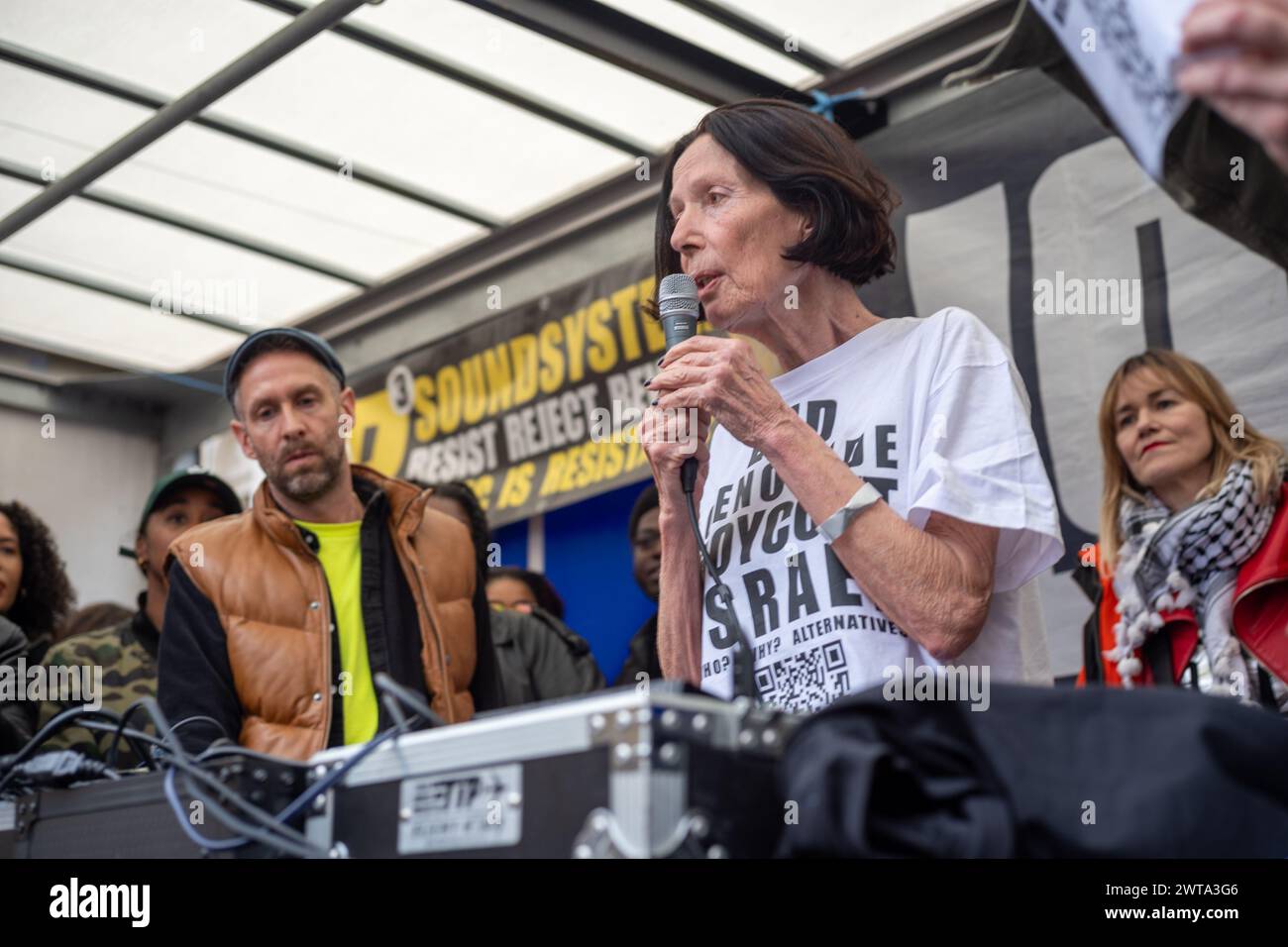 London / UK. 16 March 2024. Katharine Hamnett address hundreds of people gathered outside Downing Street to demonstrate against the growing racism in the UK. Alamy Live News / Aubrey Fagon. Stock Photo
