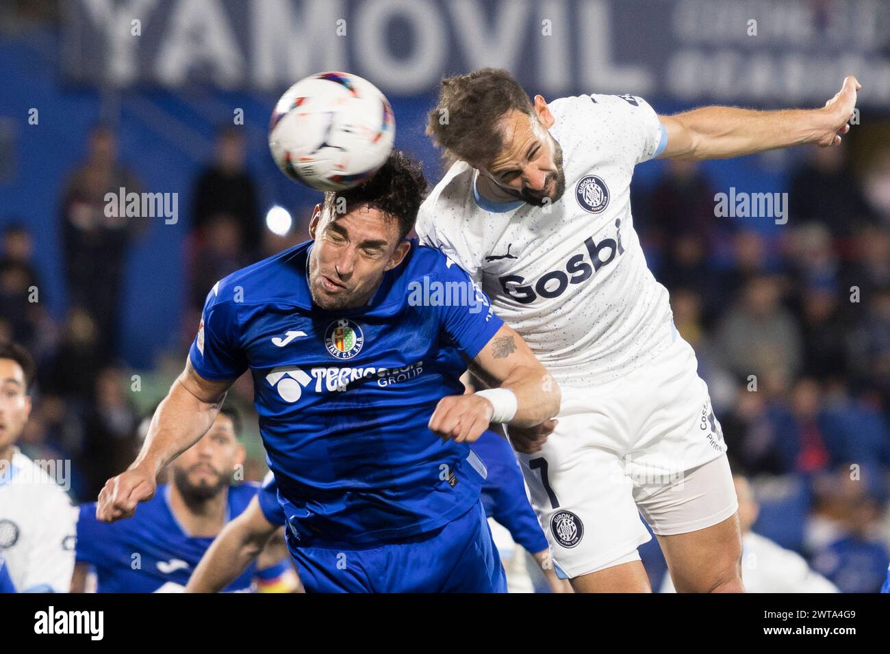 MADRID, SPAIN - March 16:Cristhian Stuani of Girona and Jaime Mata of Getafe fight for the ball during the La liga 2023/24 match between Getafe and Girona at Coliseum Stadium. Credit: Guille Martinez/AFLO/Alamy Live News Stock Photo